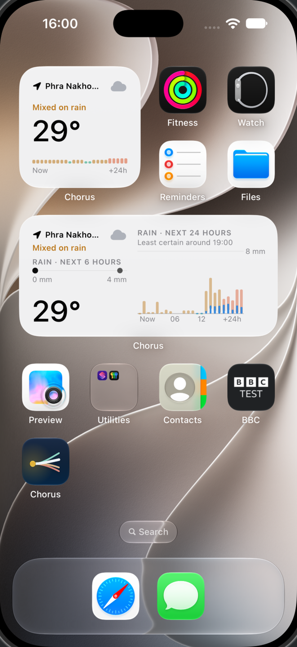 Chorus small and medium widgets on an iPhone Home Screen